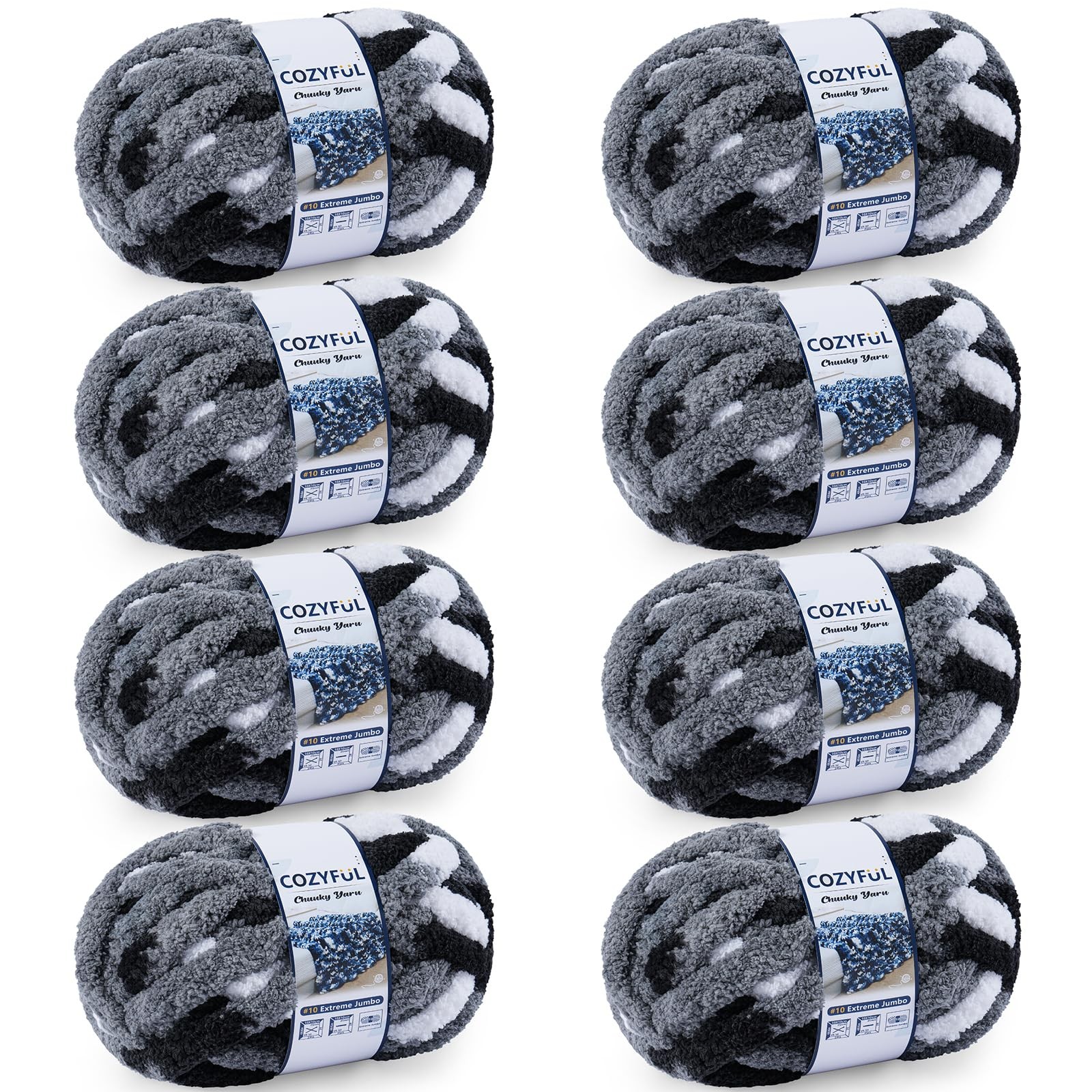 Cozyful Chunky Yarn for Hand Knitting – #10 8 Pack, Black & Grey & White