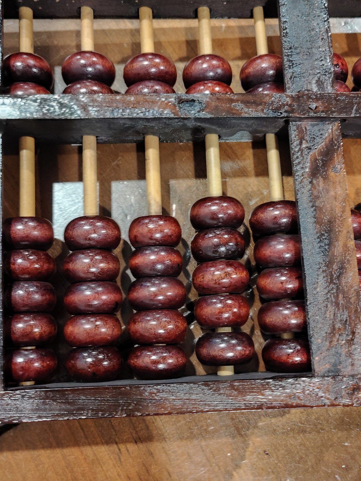 Vintage Chinese Abacus Wood & Brass Lotus Flower Brand Calculator 13 Row 91 Bead