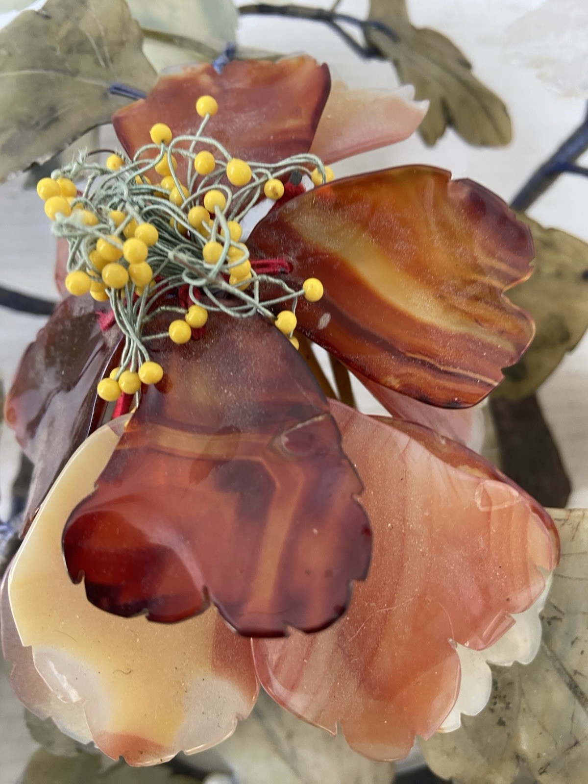 VTG Carved Jade & Gemstone Leaves Flowering Plant, Great Condition 18” diameter.