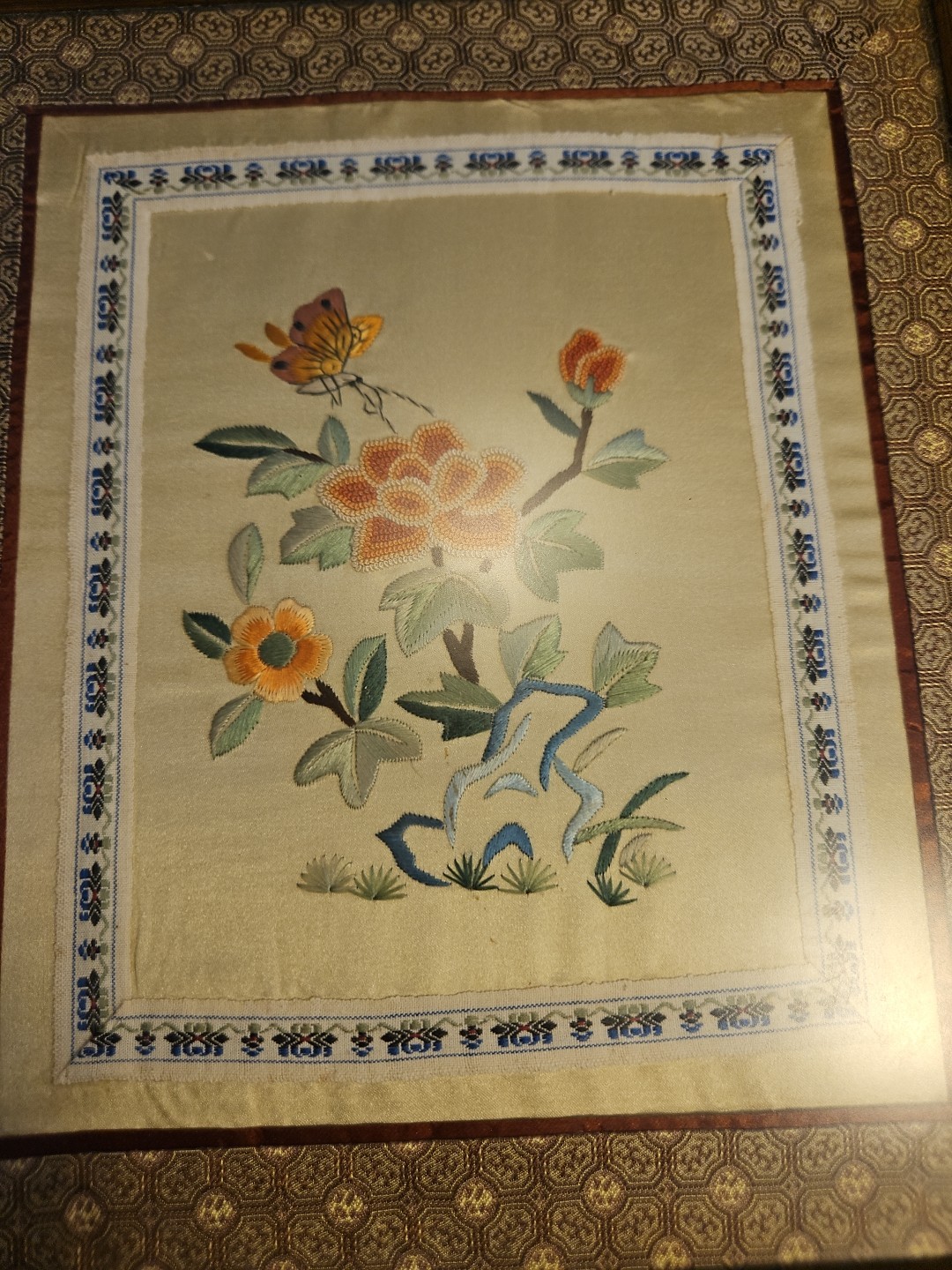 Hand Embroidered Silk Panel Flower and Pink Peach Butterfly ~ Framed Bamboo Like