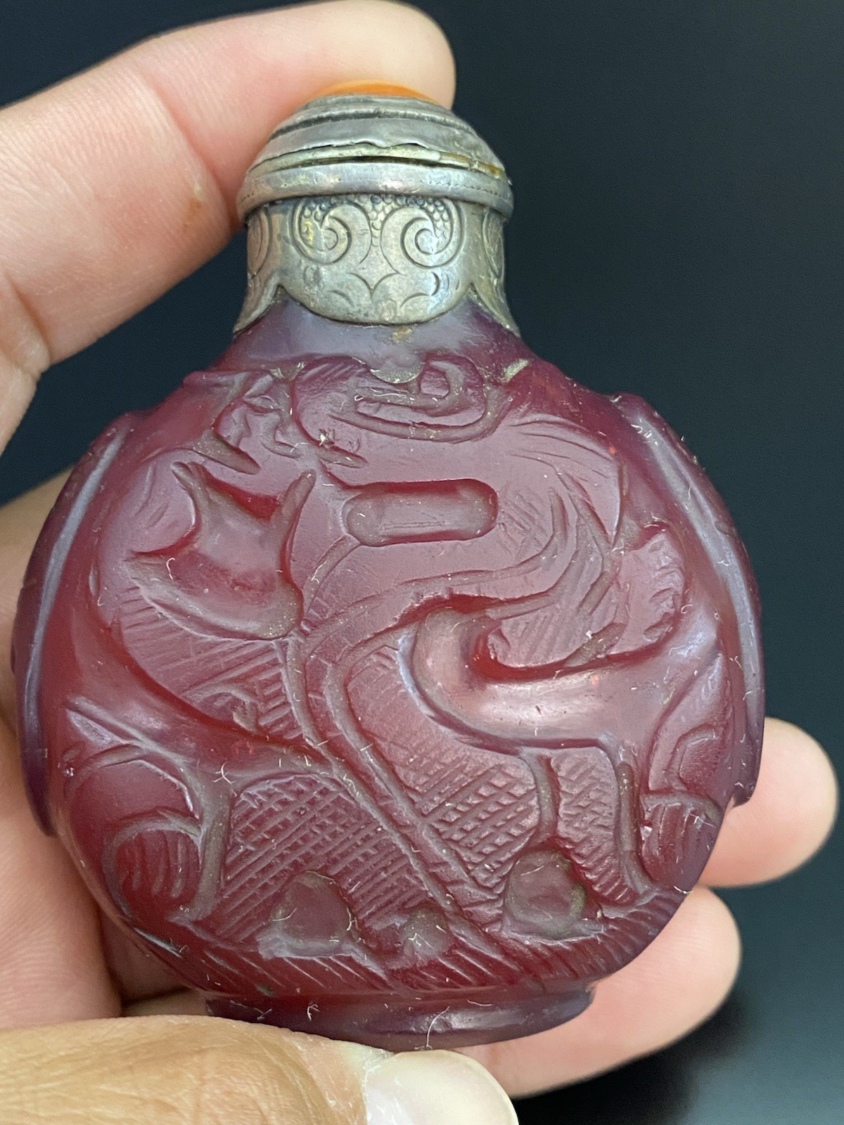Antique Chinese Ruby Red Peking Glass Steling Silver Top Carved Snuff Bottle