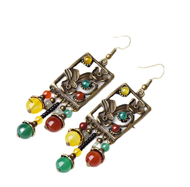 China Yellow Green Agate/Alloy Tibetan Style Exquisite Fashion Earbob Earrings