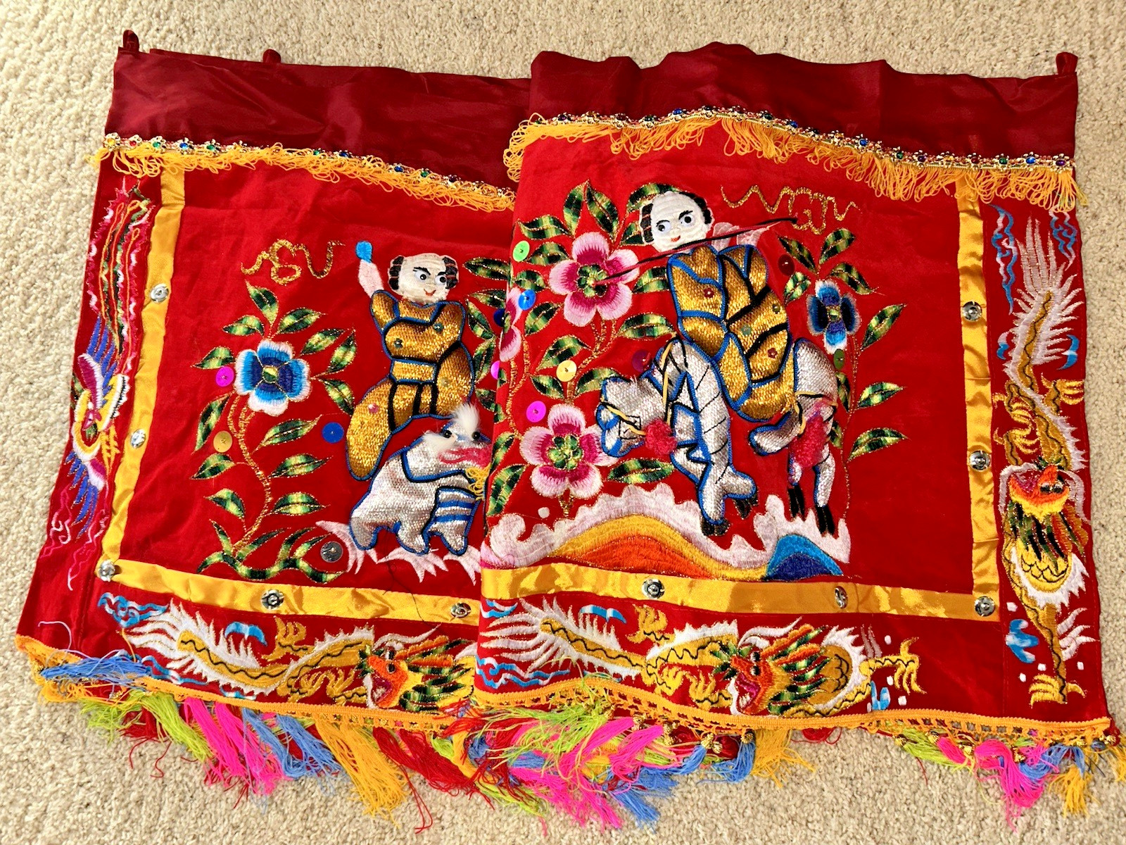 9′ LONG ASIAN WALL HANGING TAPESTRY chinese textile art BEARDS ON MEN rod Loops