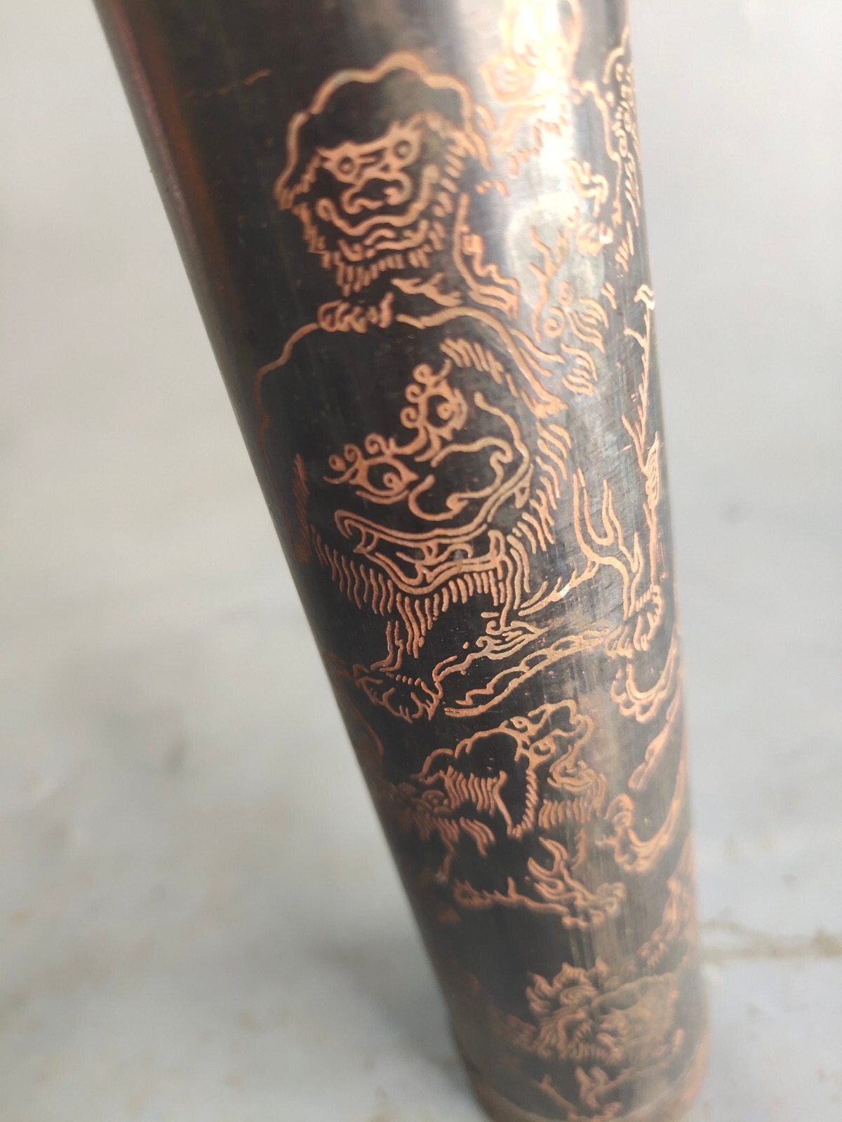 19cm old copper carved lion foo fu dog See Wonderful Scene optical kaleidoscope