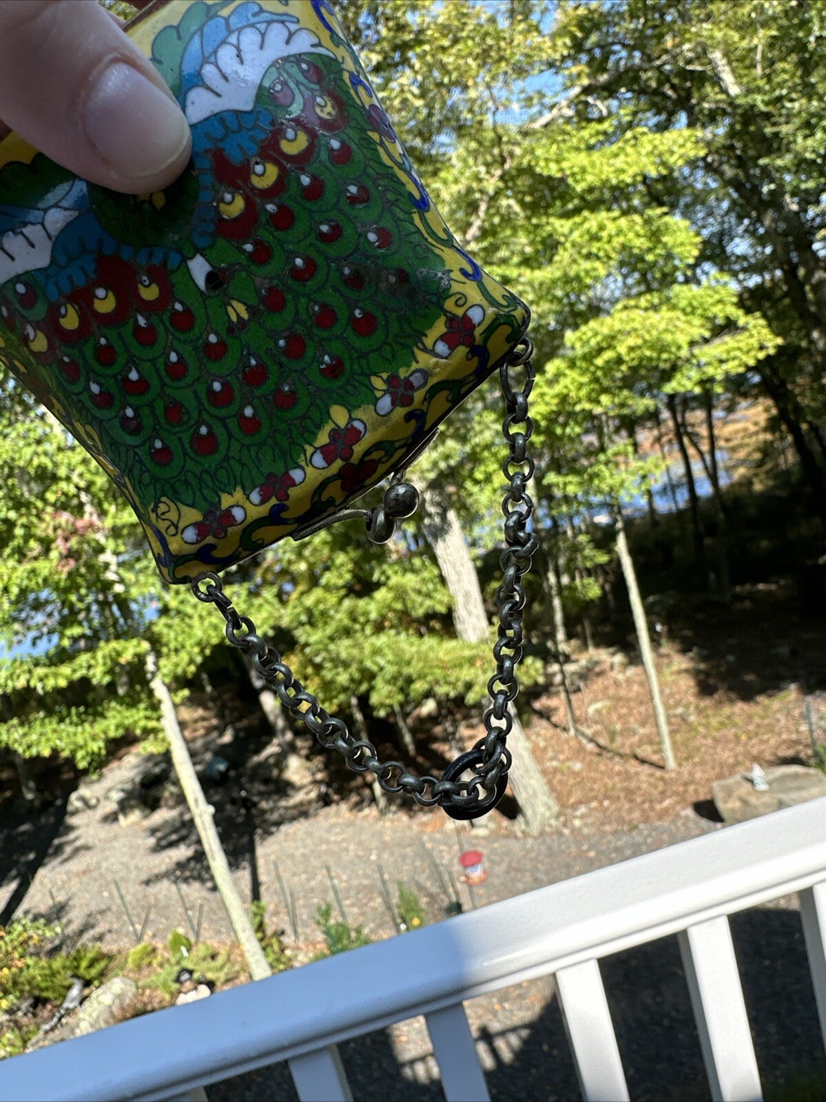 Vintage Chinese Enameled Peacock 3.5” Hinged Coin Purse w/ Chain Strap