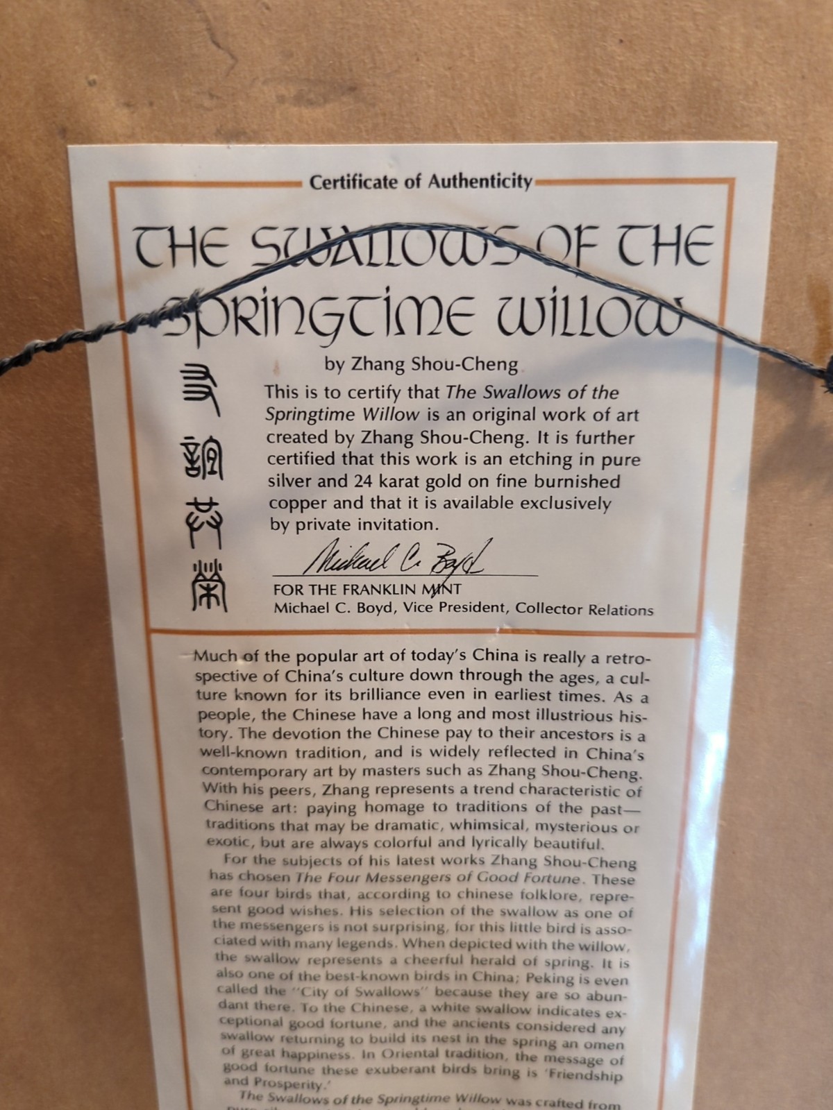 Vintage Chinese 24K / Copper Etching Swallows Springtime Willow Zhang Shou-Cheng