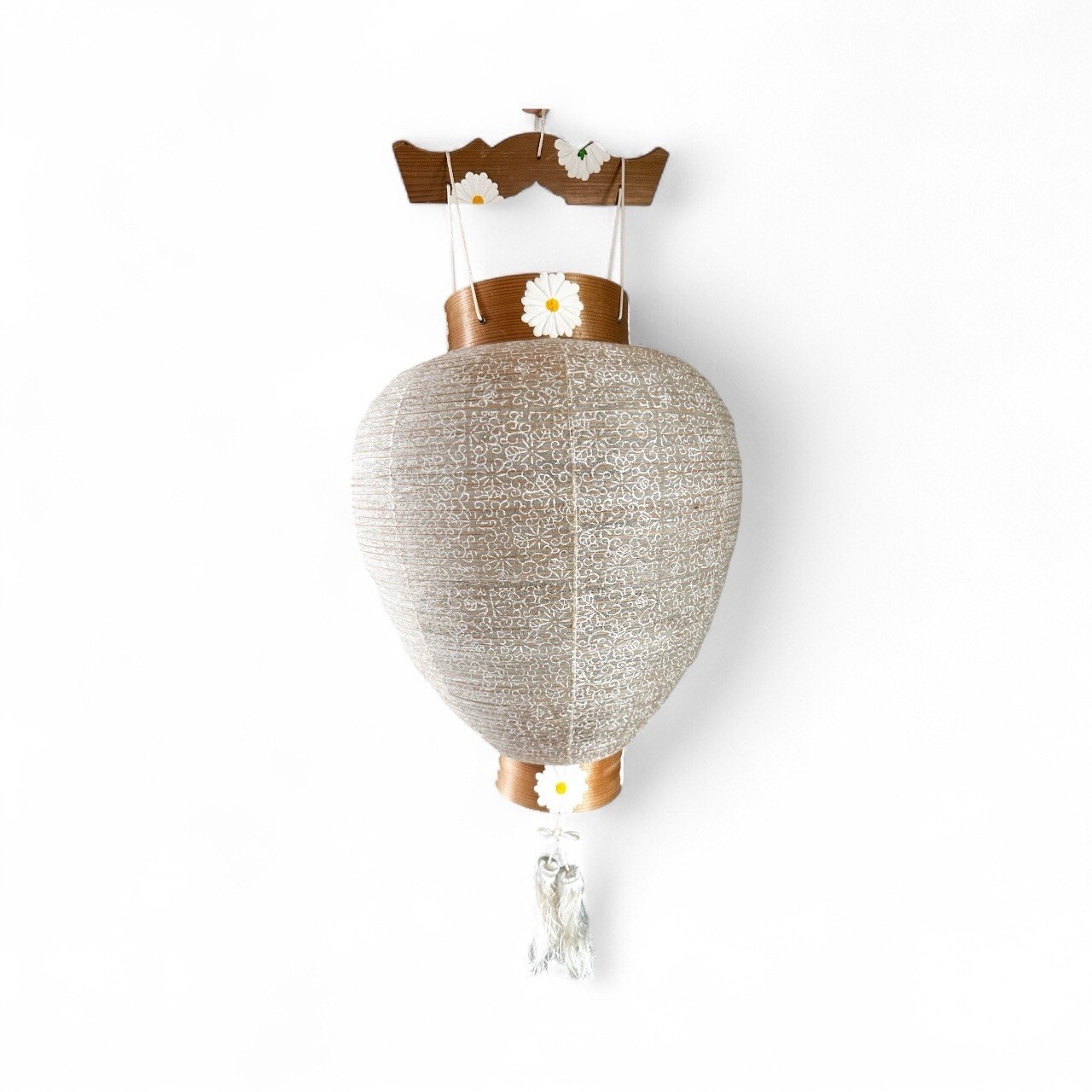 Vintage Chinese Paper Lantern White Daisy Floral Tassels Large Neutral