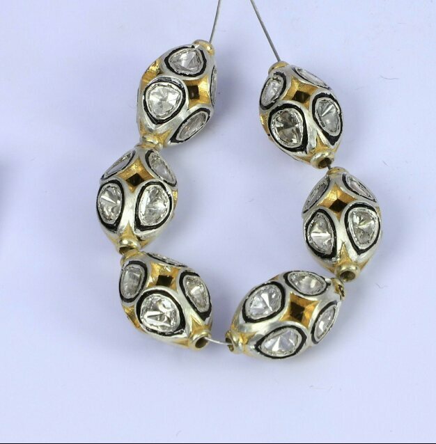 Pave Diamond Oval RoseCut Diamond Beads 925 Silver Polki Beads For Jewelry.