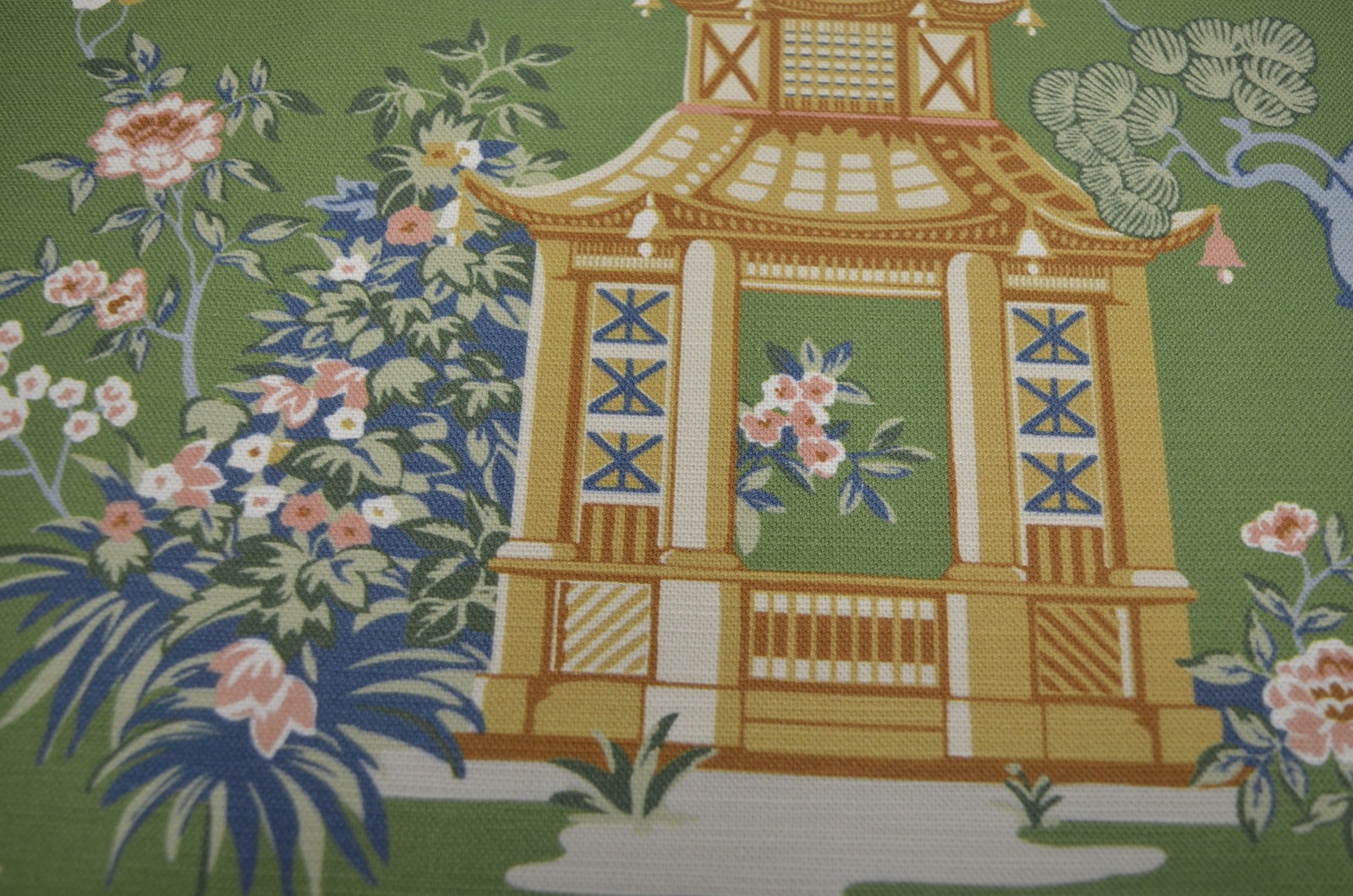 Harmony Grass Asian Pagoda with Blue Coral Floral Print on Green Regal Fabric