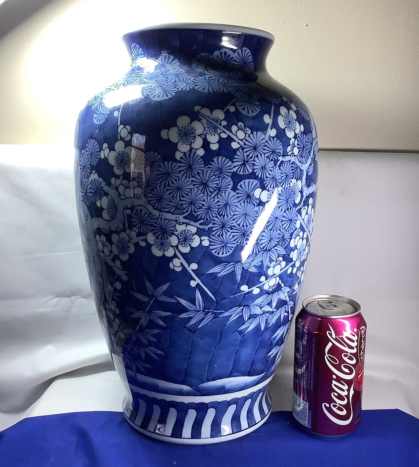 Huge Antique Chinese Prunus Vase THREE FRIENDS OF WINTER Blue/White Plum Bamboo