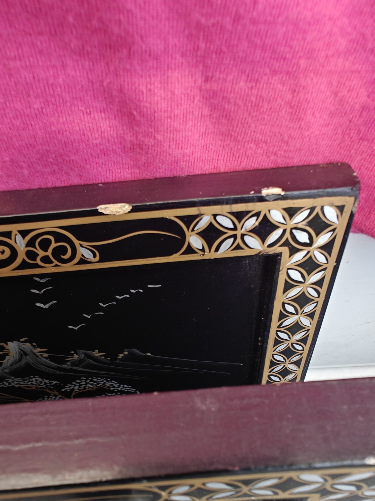 2 Vintage Mother Of Pearl Framed Art Wall Plaques Asian Black And Gold.