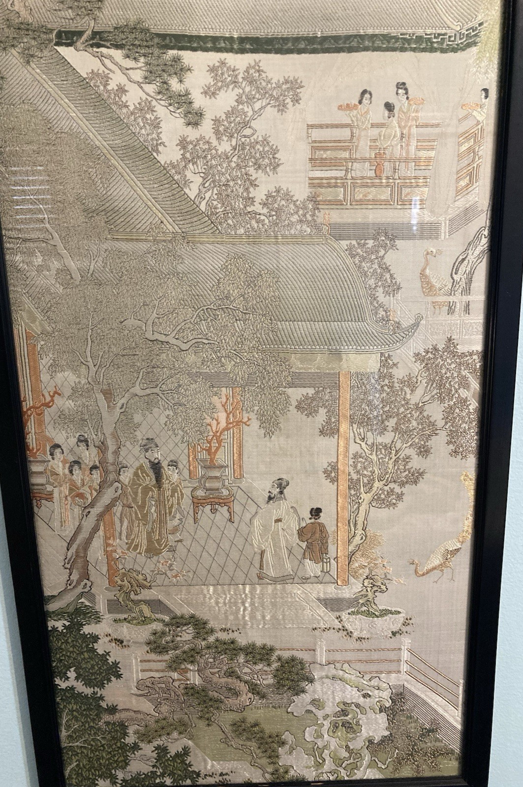 Chinese Silk Embroidery Framed Art “Golden Valley Garden” VTG 17 1/2 x 37 1/2