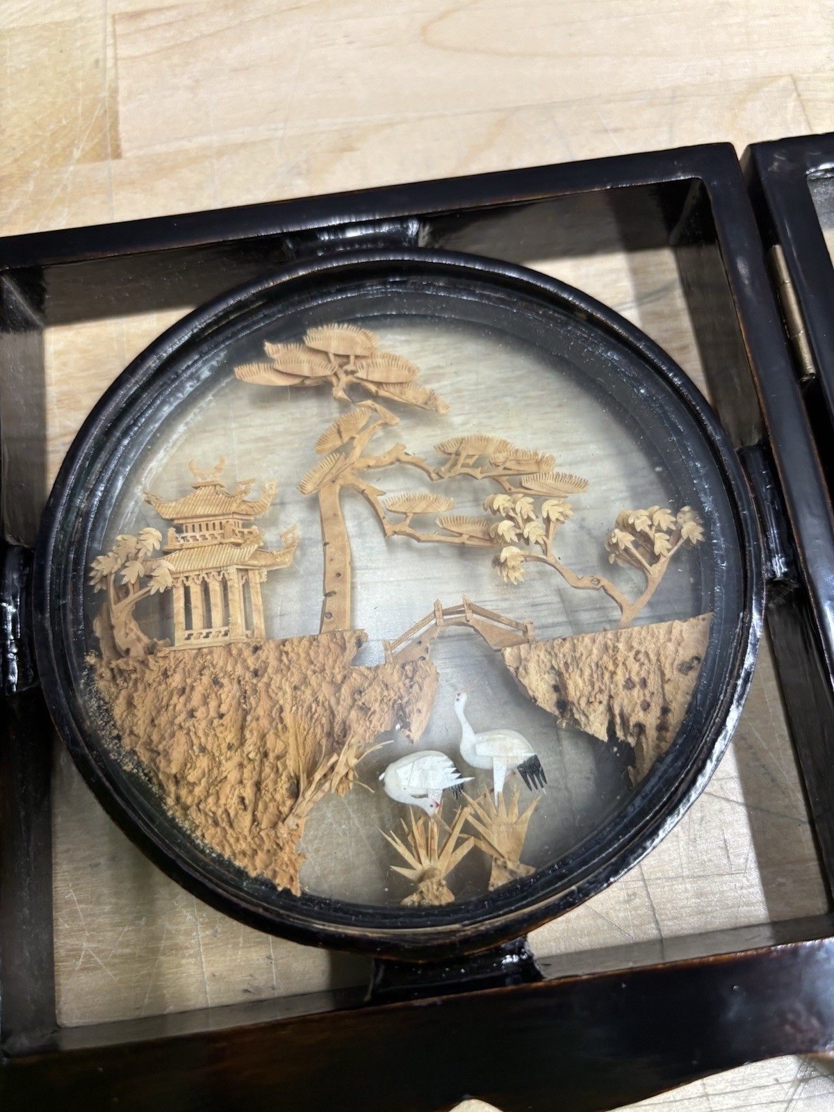 Vintage Chinese Cork Art Hand Carved Tri-Fold Diorama Box Pagoda Trees Cranes