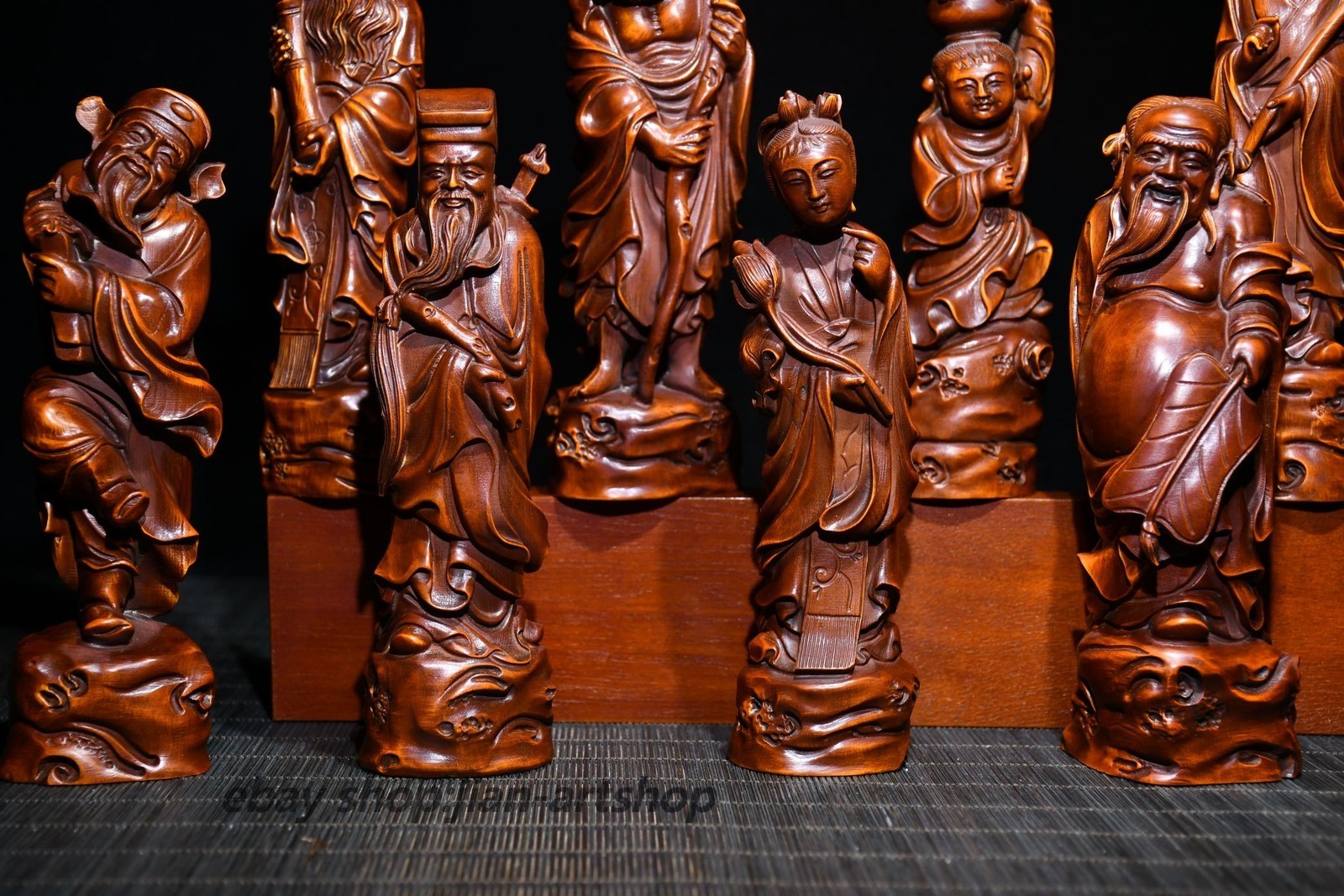 8PCS 5.9″ Collect China Box-wood Hand-Carved Eight Immortals Buddha Statue Set