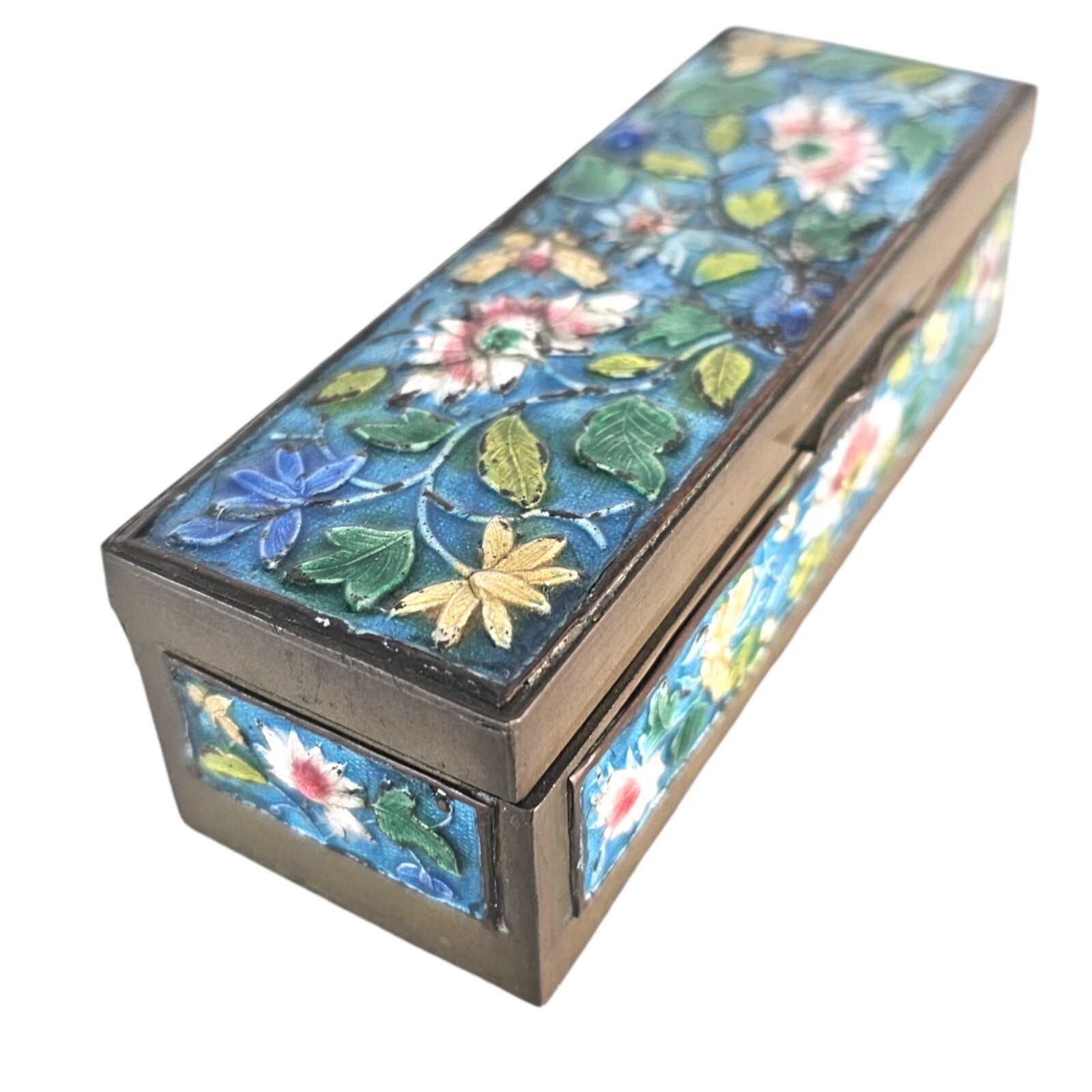 Antq Chinese Brass Enamel Box 4.375″ Floral Turquoise Champlevé Early 20th C.