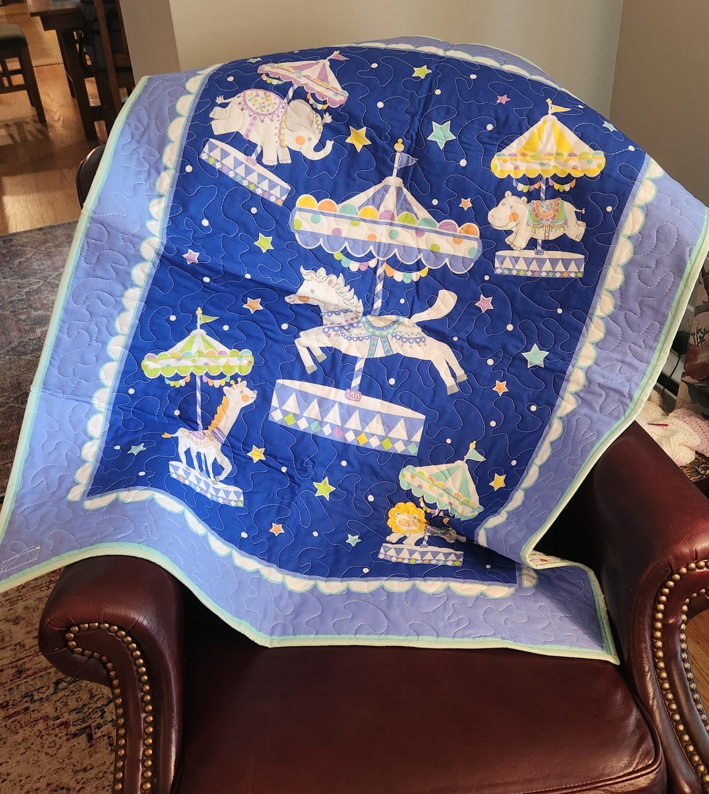Homemade Quilt. 35″ x 42″ CAROUSEL baby Quilt