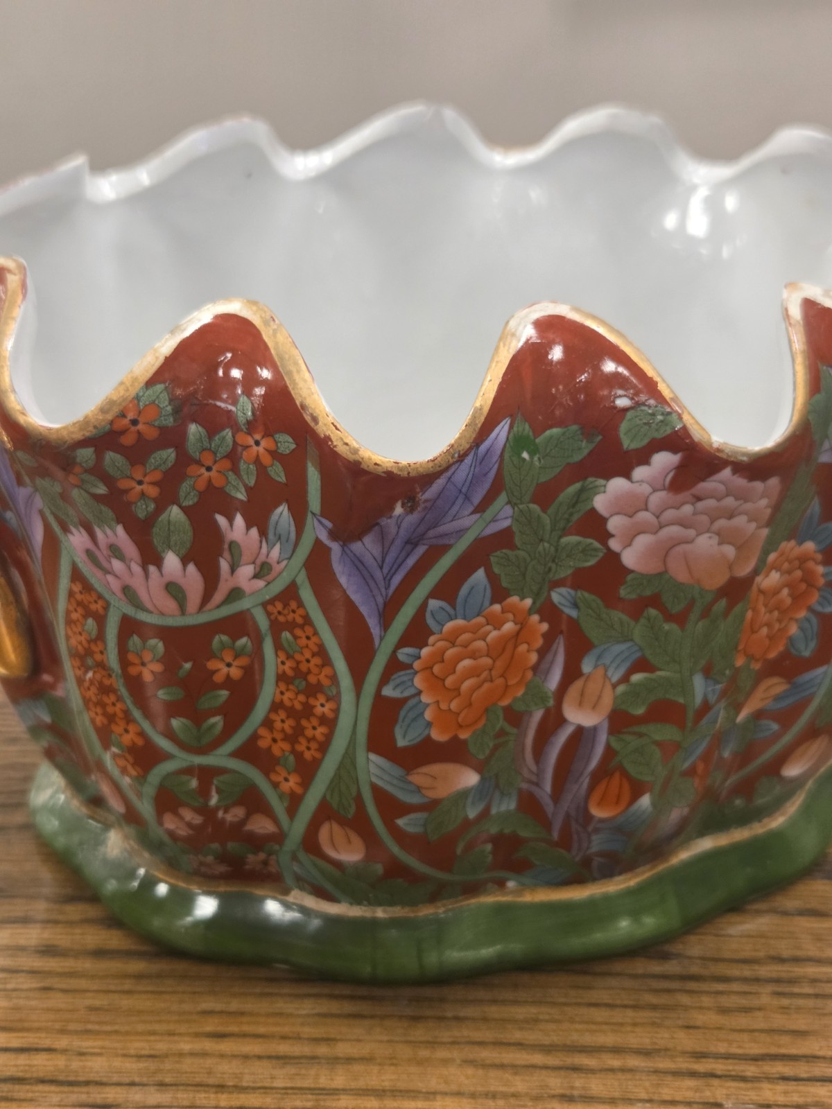Chinese Foot Bath Satsuma Style Floral Red Vtg Porcelain Jardiniere Gold