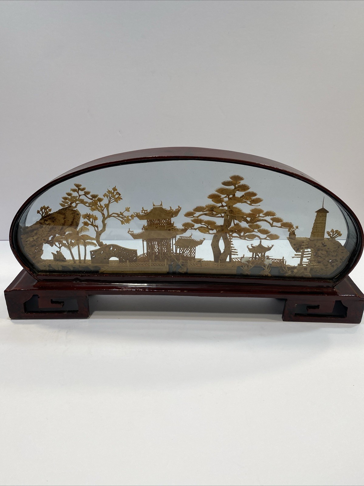 Vtg Chinese Oriental Cork Art 3D Diorama Red Lacquer Frame Pagoda Cranes