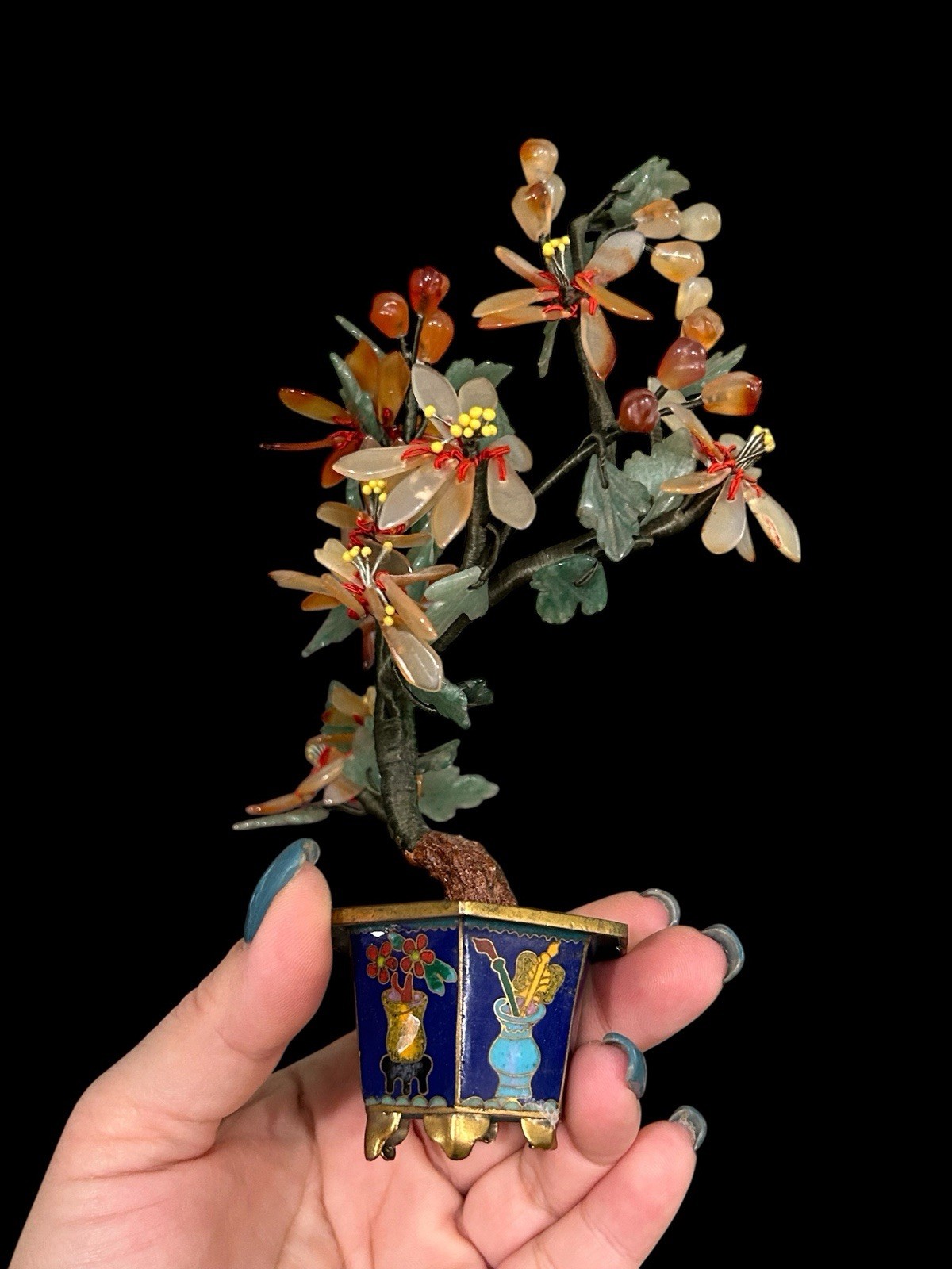 Chinese Gemstone Tree Quartz Bonsai Cloisonné Pot 7.5 Vintage Jedire Quartz Pot