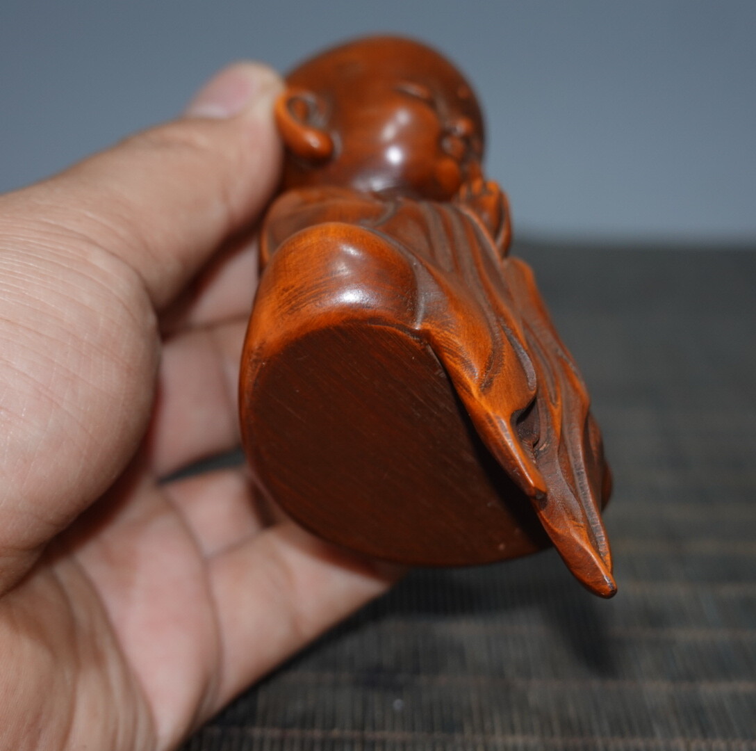 4.7″Collect China Box-wood Carving Small Little Monk Enlightenment Buddha Statue