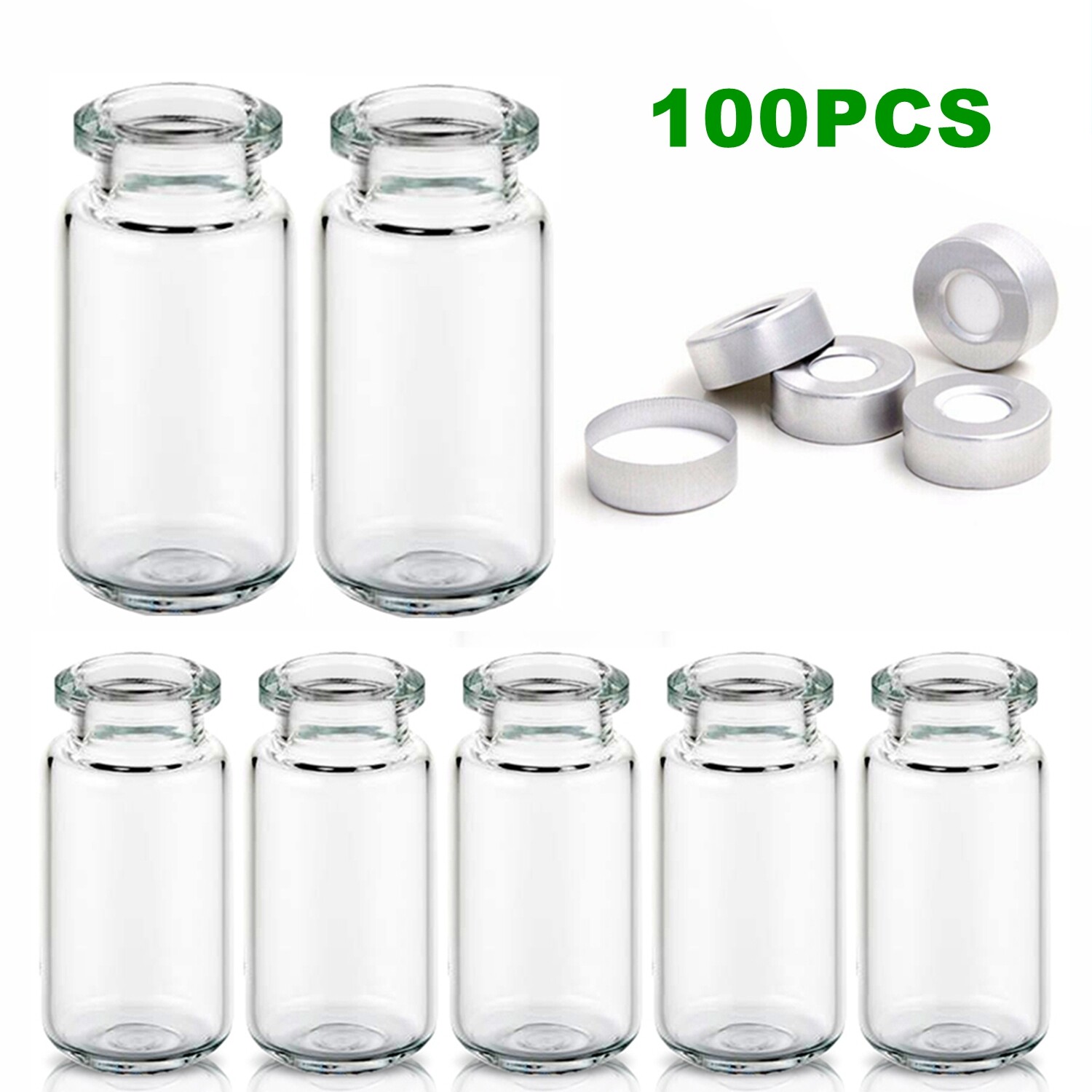 100PCS Lab Sample Vials 10ml Small Glass Bottle Mini Jars+Aluminum Crimp Lid Top