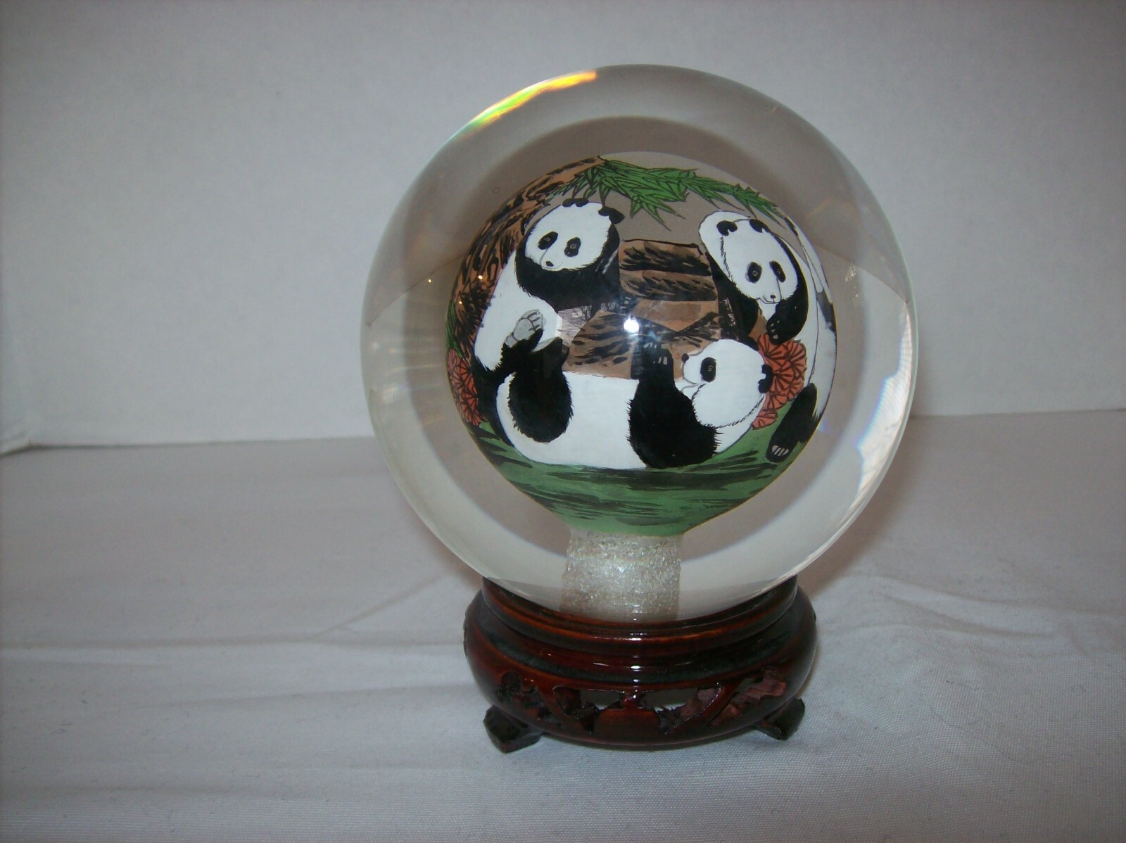 Asian Panda Bears Reverse Hand Painted Solid Glass Ball-Orb-Sphere-Globe w/Stand
