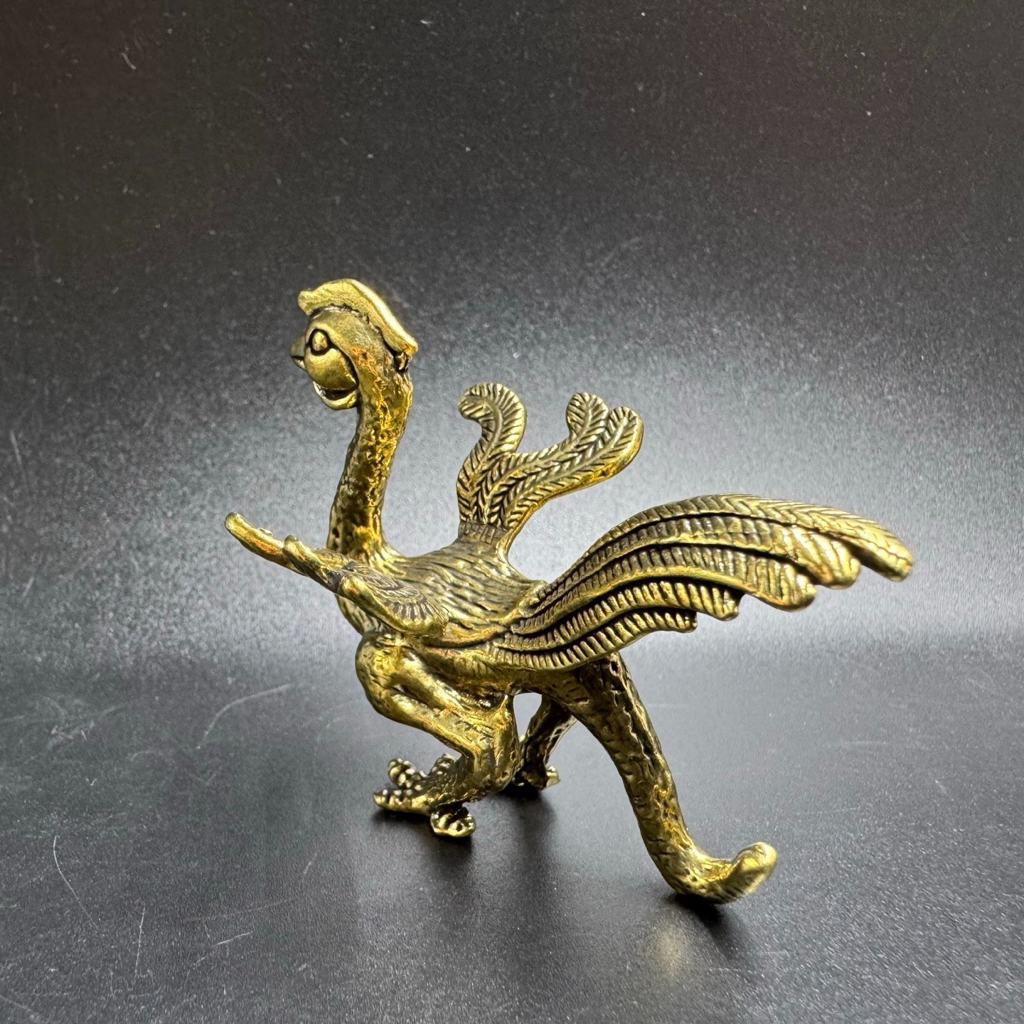 Vintage Solid Brass Phoenix Mini Figurine Chinese Feng Shui Auspicious Bird Desk