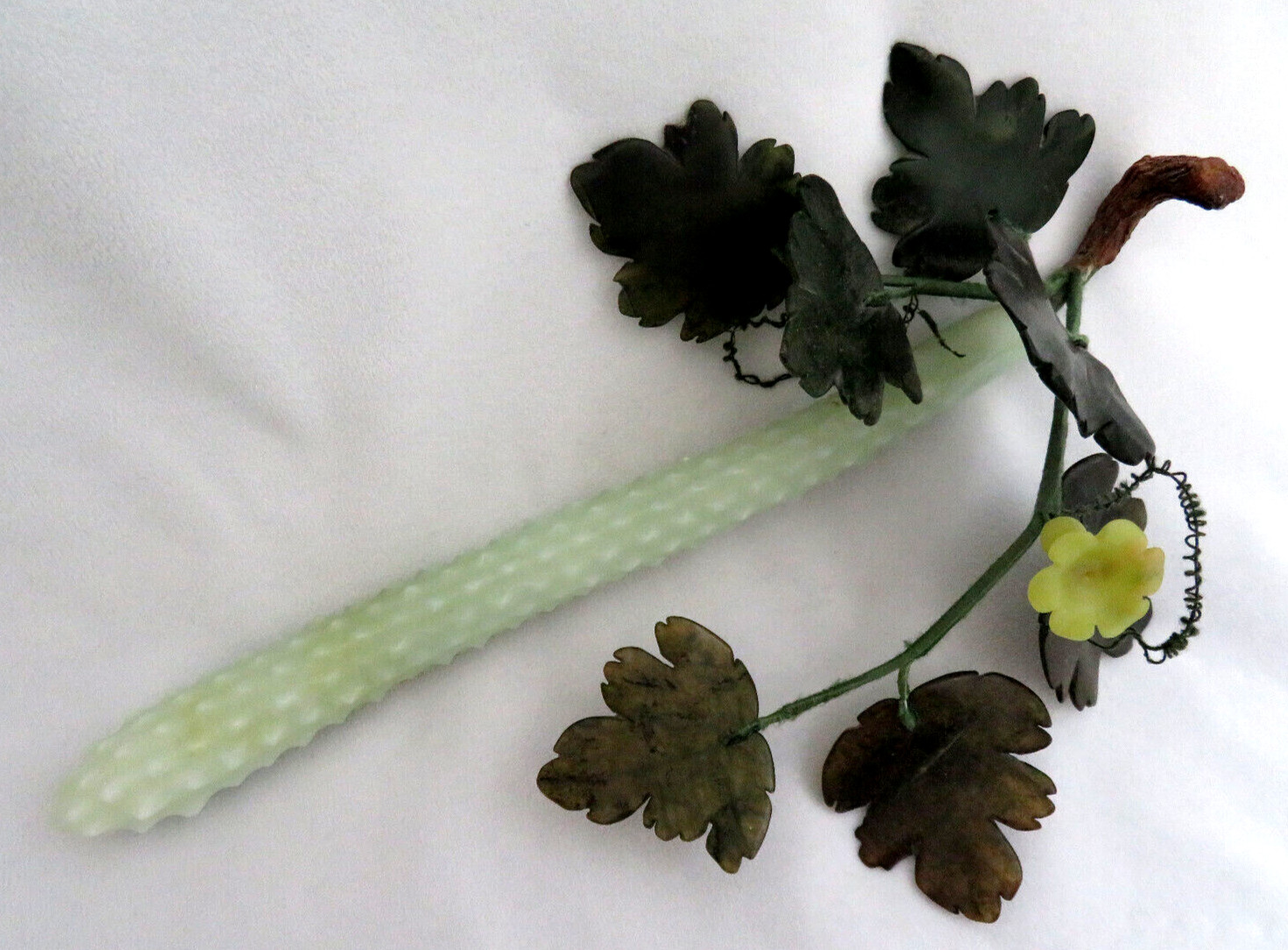 RARE Chinese Green Jade Gemstone Prickly Cucumber & Leaves Sculpture 11″ Long