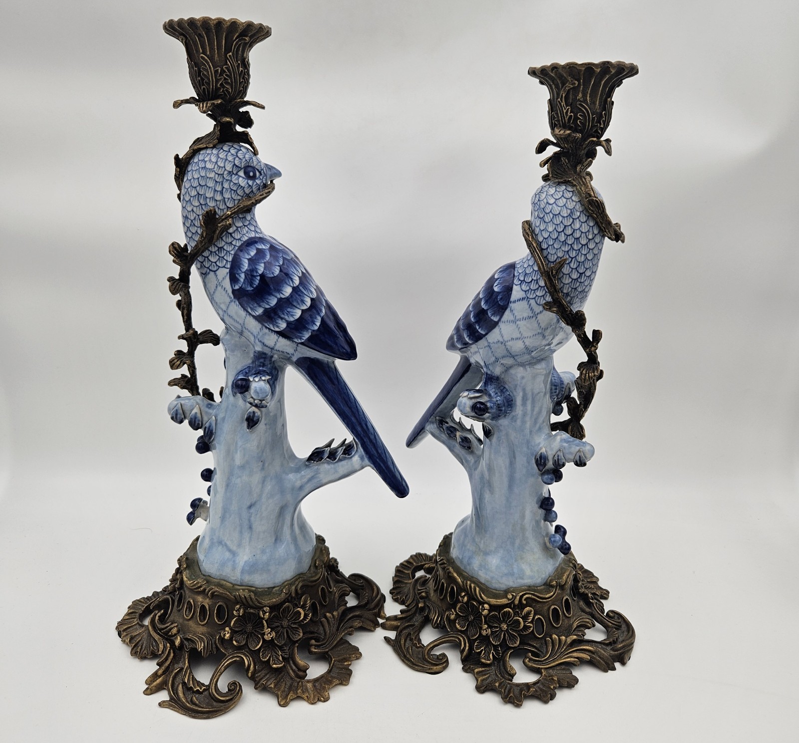 Antique Chinese Bird HOLLYWOOD REGENCY Blue Birds Brass Candle Holders 14″