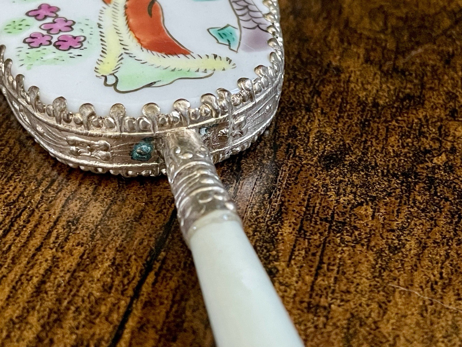 Vintage Mirror Asian Oriental Geisha Woman With Jade Handle Very Good Condition