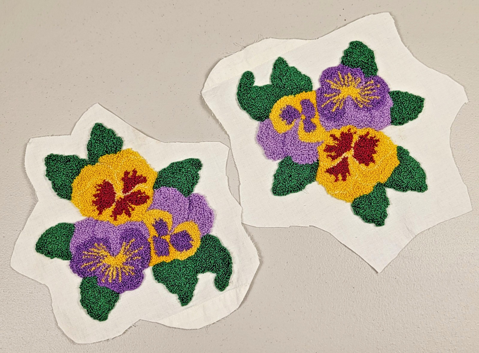 Vtg Embroidery Needlepoint 4 ps Set Floral Cotton 12″x8″ Pansies Peonies 70s-80s