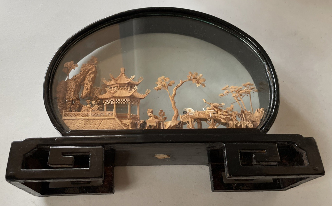 Vintage Chinese Cork Carving Diorama in Black Display Case Cranes Pagoda Trees