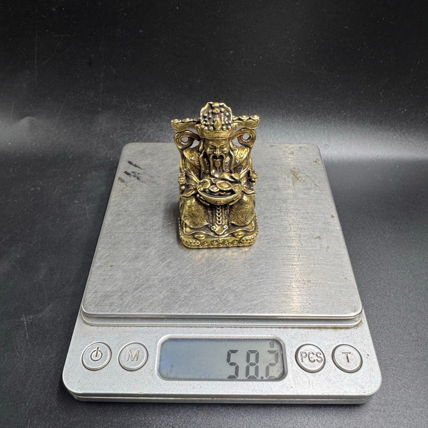 Vintage Brass God of Wealth Mini Statue Holding Gold Ingot Feng Shui Lucky Desk