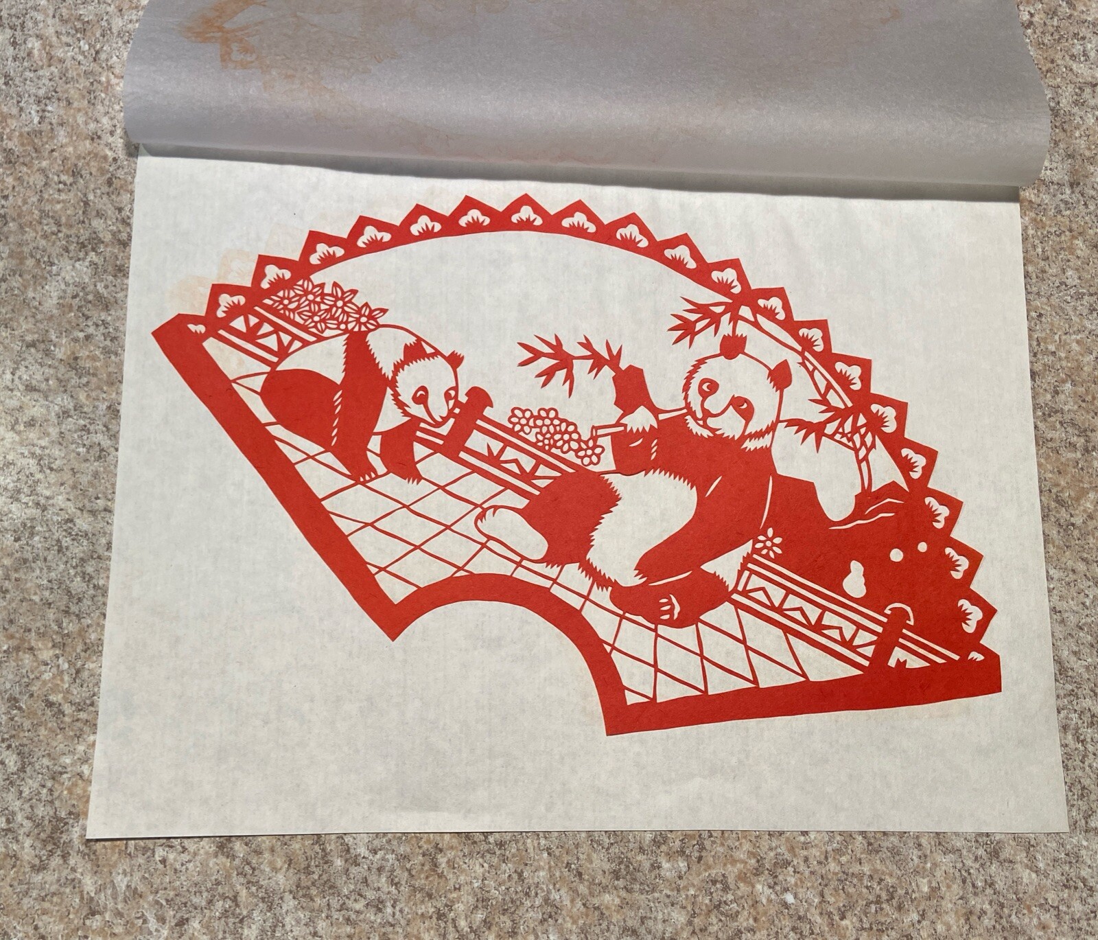 Chinese Folk Paper-Cuts, Fan Shape Panda Bears