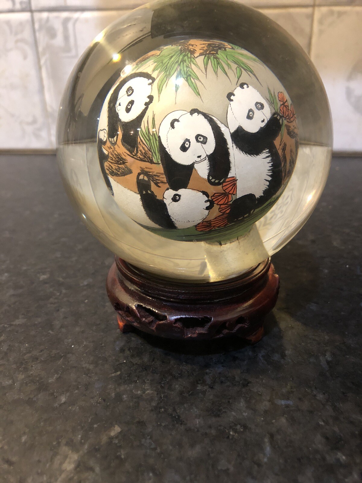 Chinese Glass Ball Sphere Reverse Hand Painted Pandas