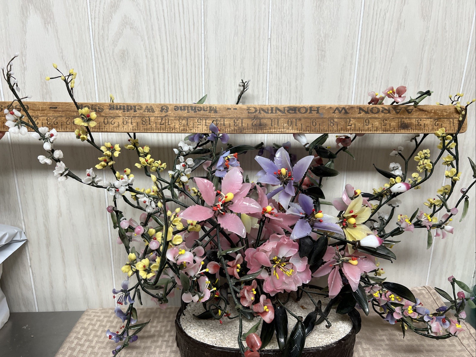 Vtg Jade Bonsai Flower Tree Pot Green Pink Quartz Glass Plant Large China