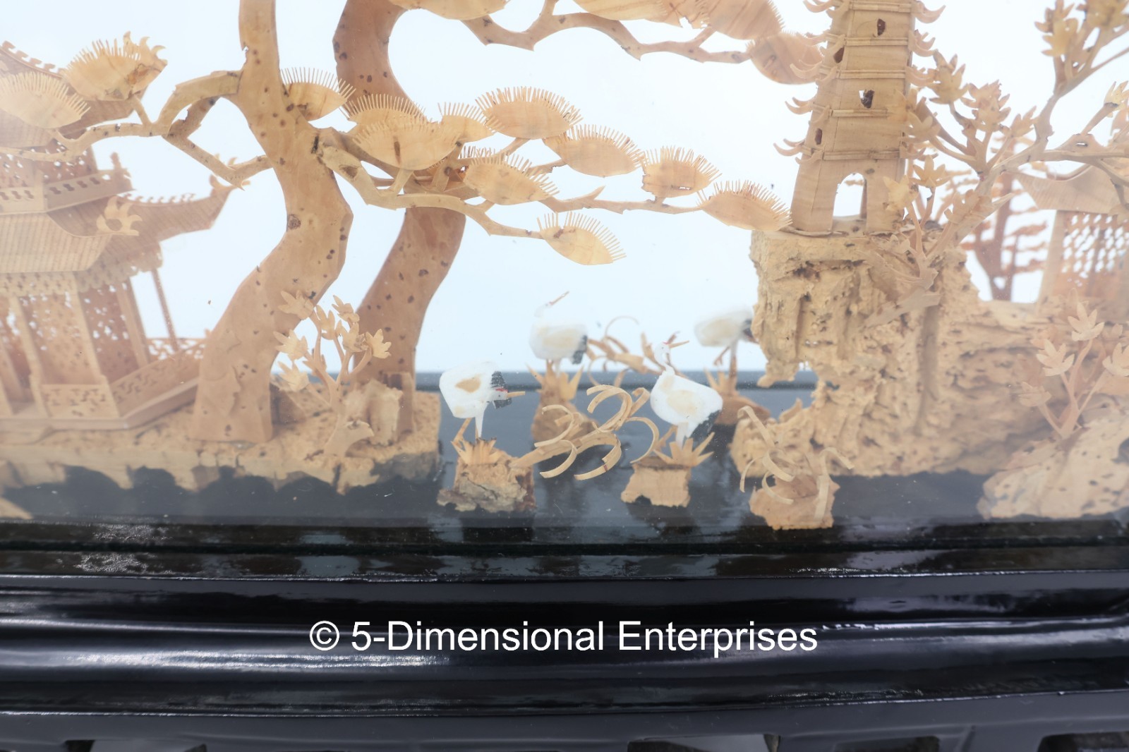 VTG Chinese Diorama Cork Carving Pagoda Trees Cranes 12″ x 8″ x 2.5″ Glass Case