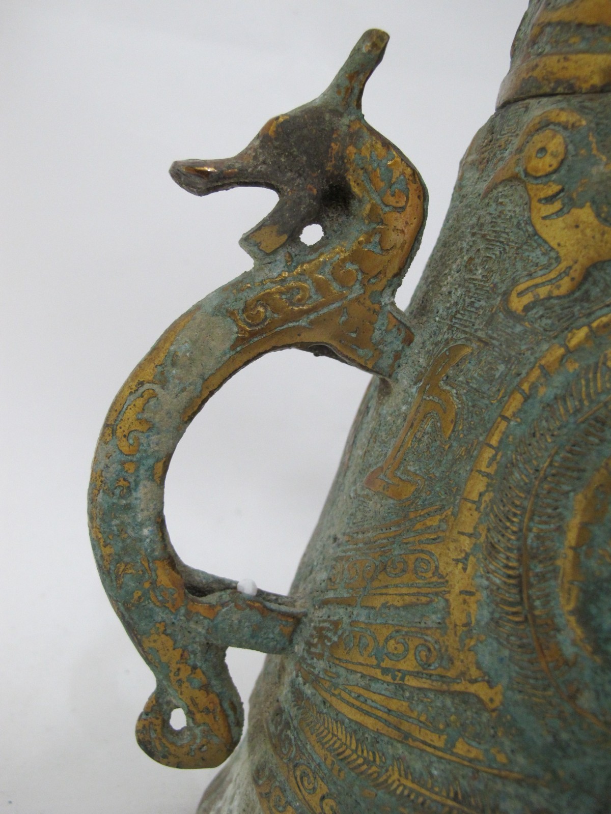 CHINESE Archaic BIRD Bronze Ware Gold Toad Accent Ritual WINE Vessel Pitcher