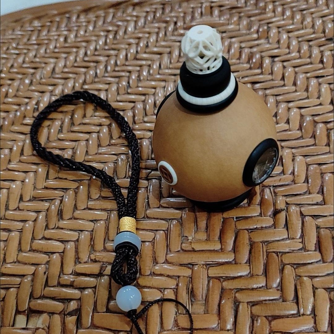 Gourd Bamboo Katydid Cage Ebony Inlay Food Trough Handheld Ornament