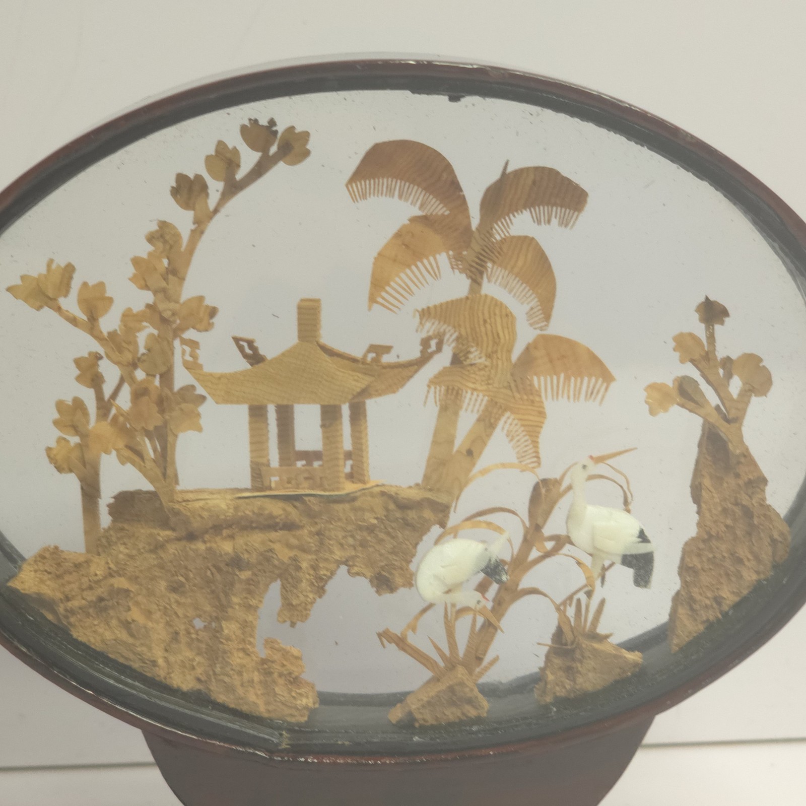 VINTAGE CHINESE DIORAMA CORK CARVING GLASS CASE PAGODA TREES & CRANES.