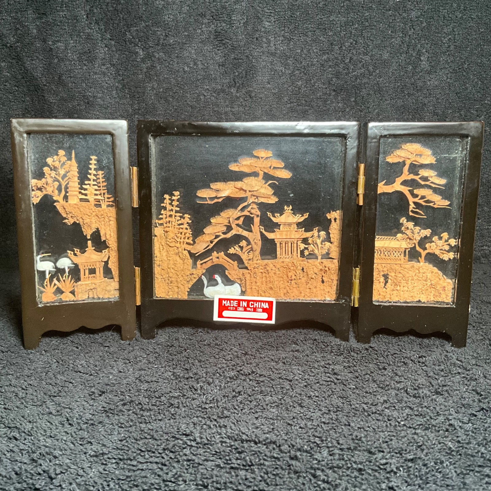 2x-VTG SAN YOU Tri-Fold Oriental Hand Carved Cork Pagoda Diorama w Cranes