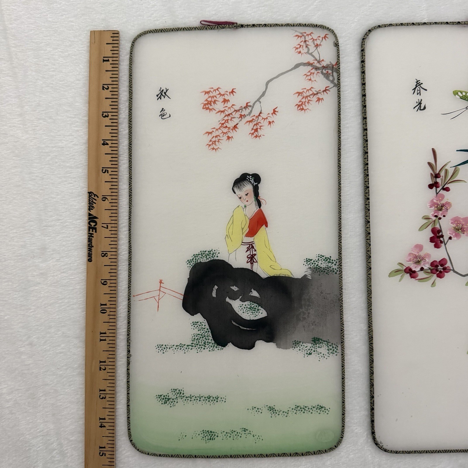 Vintage Chinese Painted Silk Panels Wire Frame Butterfly Koi Flowers Pandas Lady