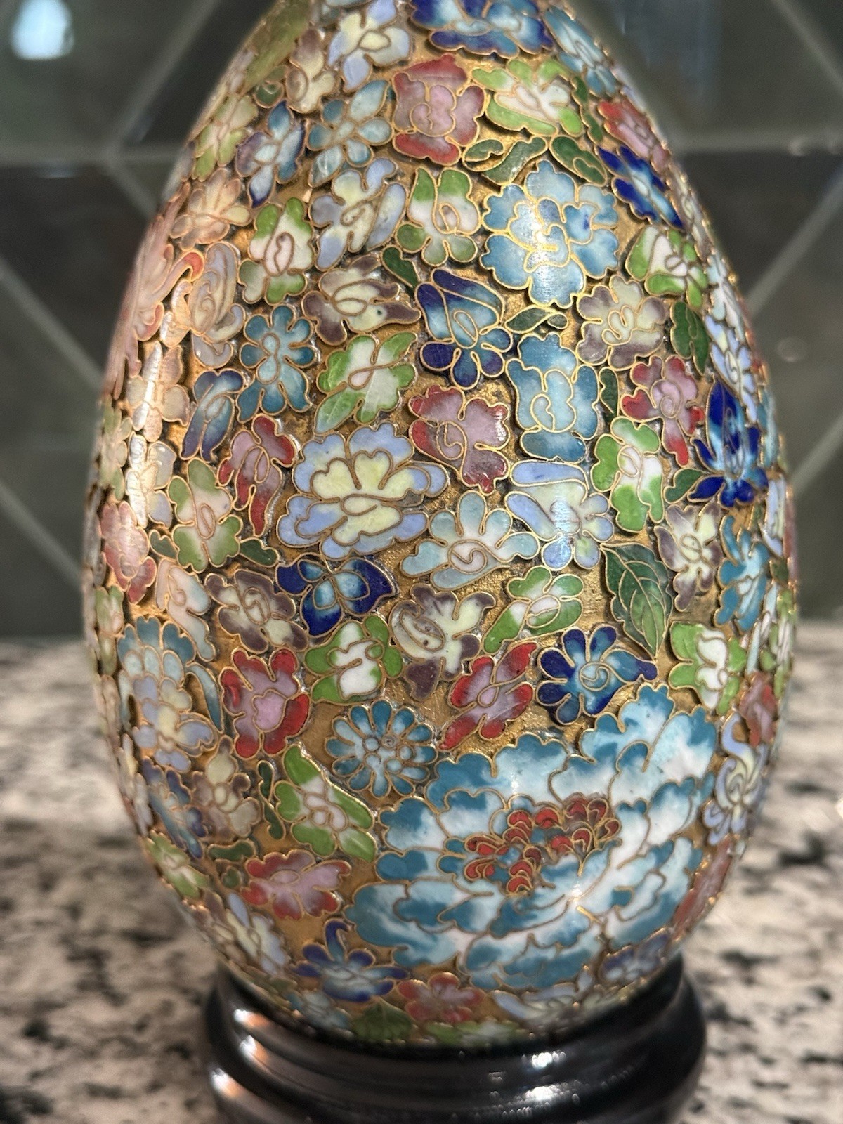 Vintage Chinese Cloisonné Large Gilded Egg w/ Wood Stand Floral, Millefleurs
