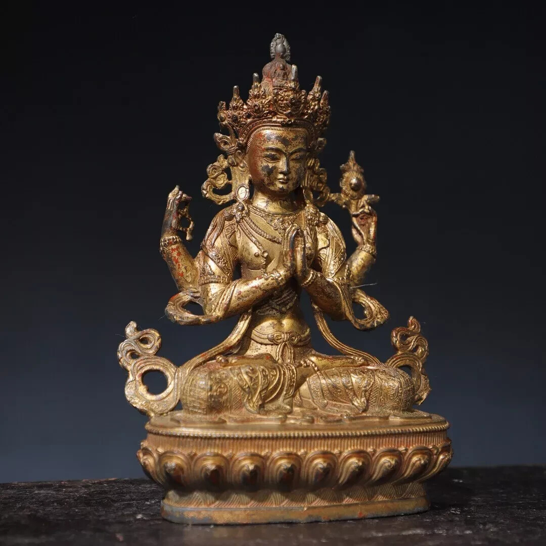 Fengshui old chinese copper Bronze mud gold [Four armed Guanyin] Buddha statue