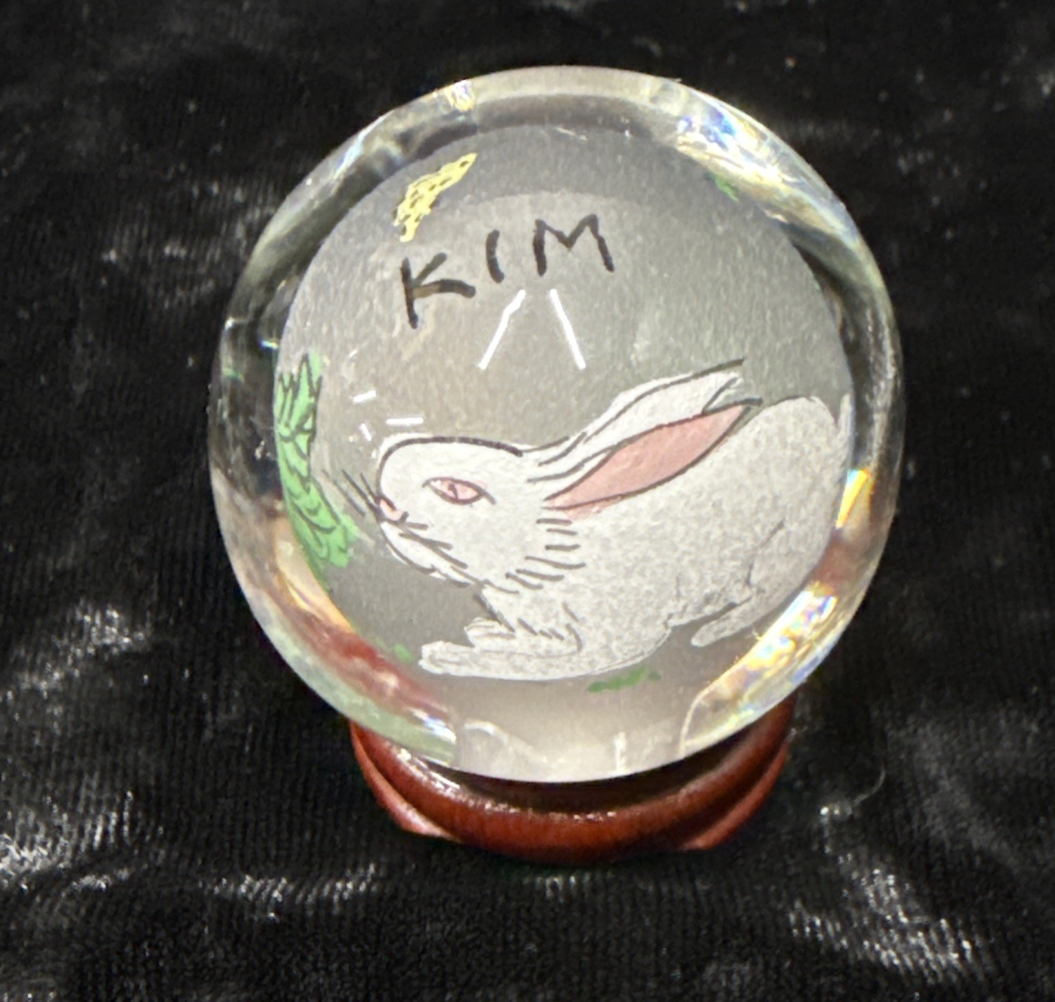 Chinese reverse painted Glass Ball Sphere Orb Rabbit w/Stand 1 3/4″ x 1 1/2″