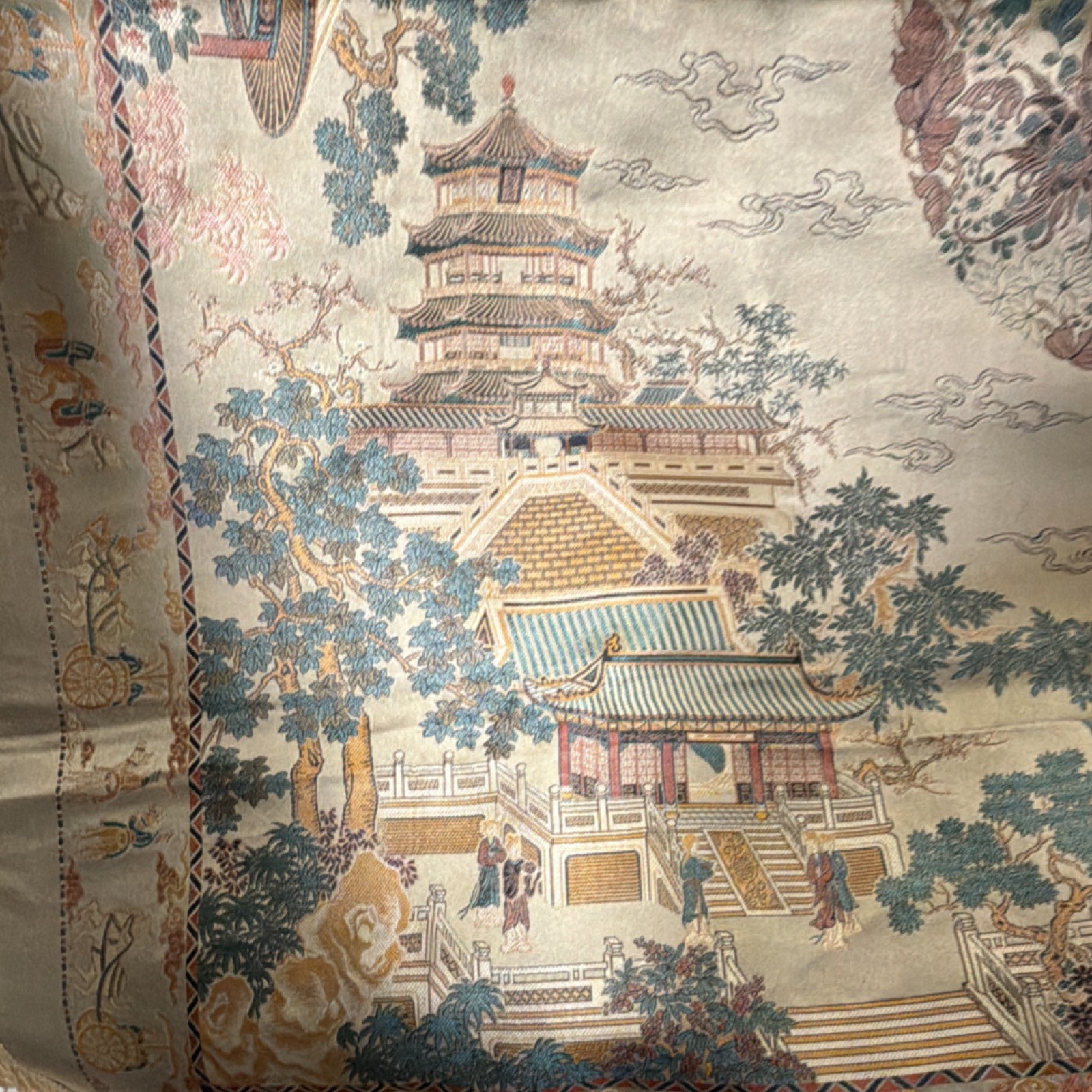 Chinese Decorative Brocade Tapestry with Pagoda and Garden Scene