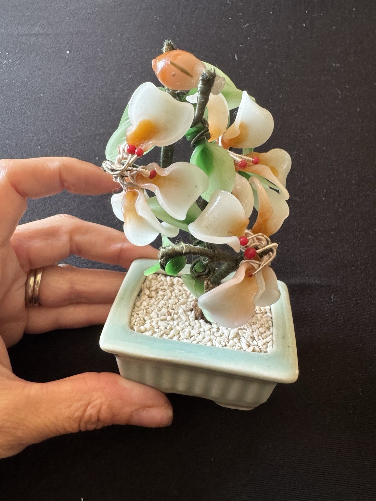 Vintage Glass/Jade Bonsai Tree Dark Green Leaves Peach Flowers Green Base