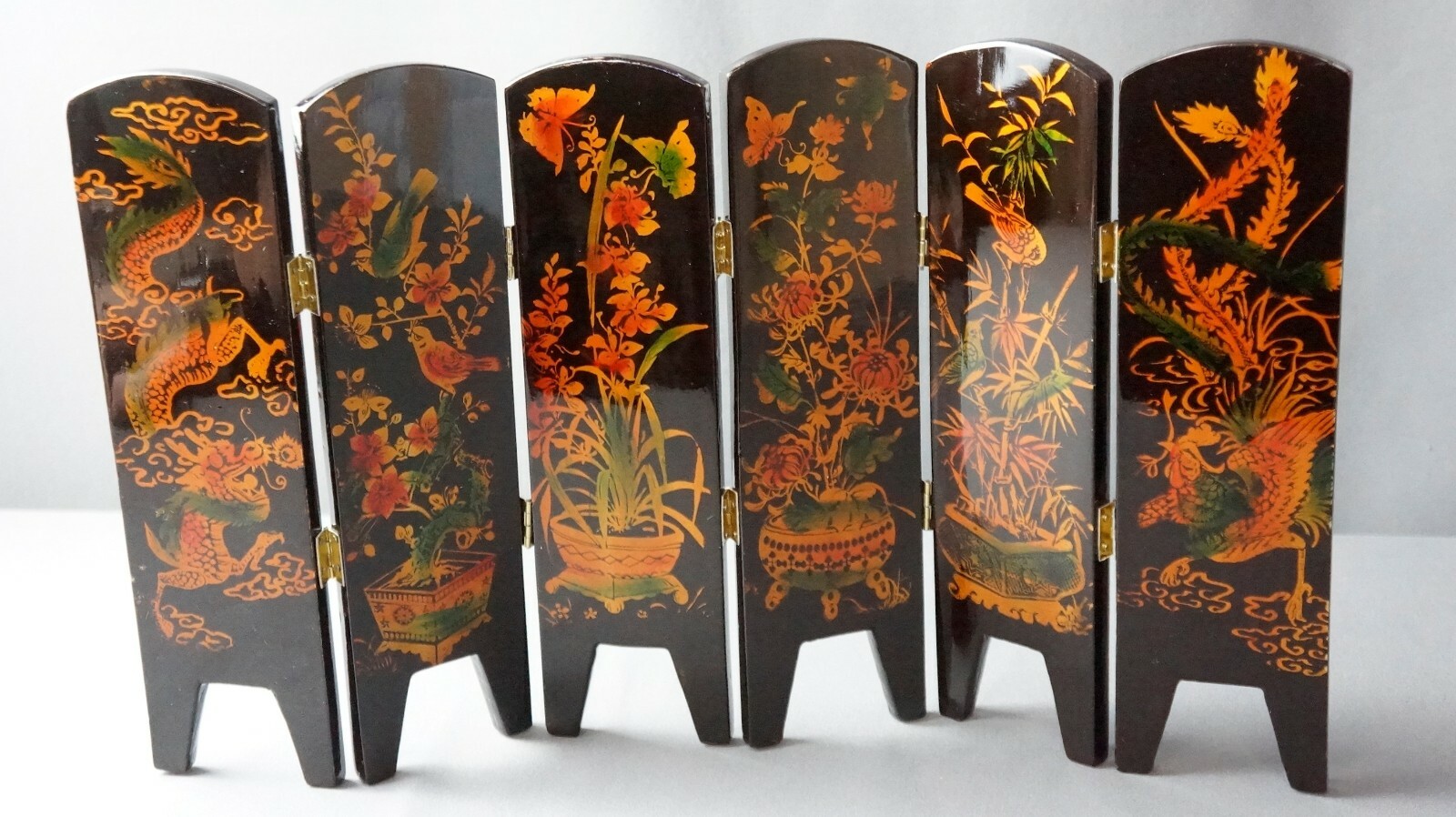 Small Tabletop HAND PAINTED FOLDING 6 Panel 2 SIDED SCREEN Asian Ladies 9.75”
