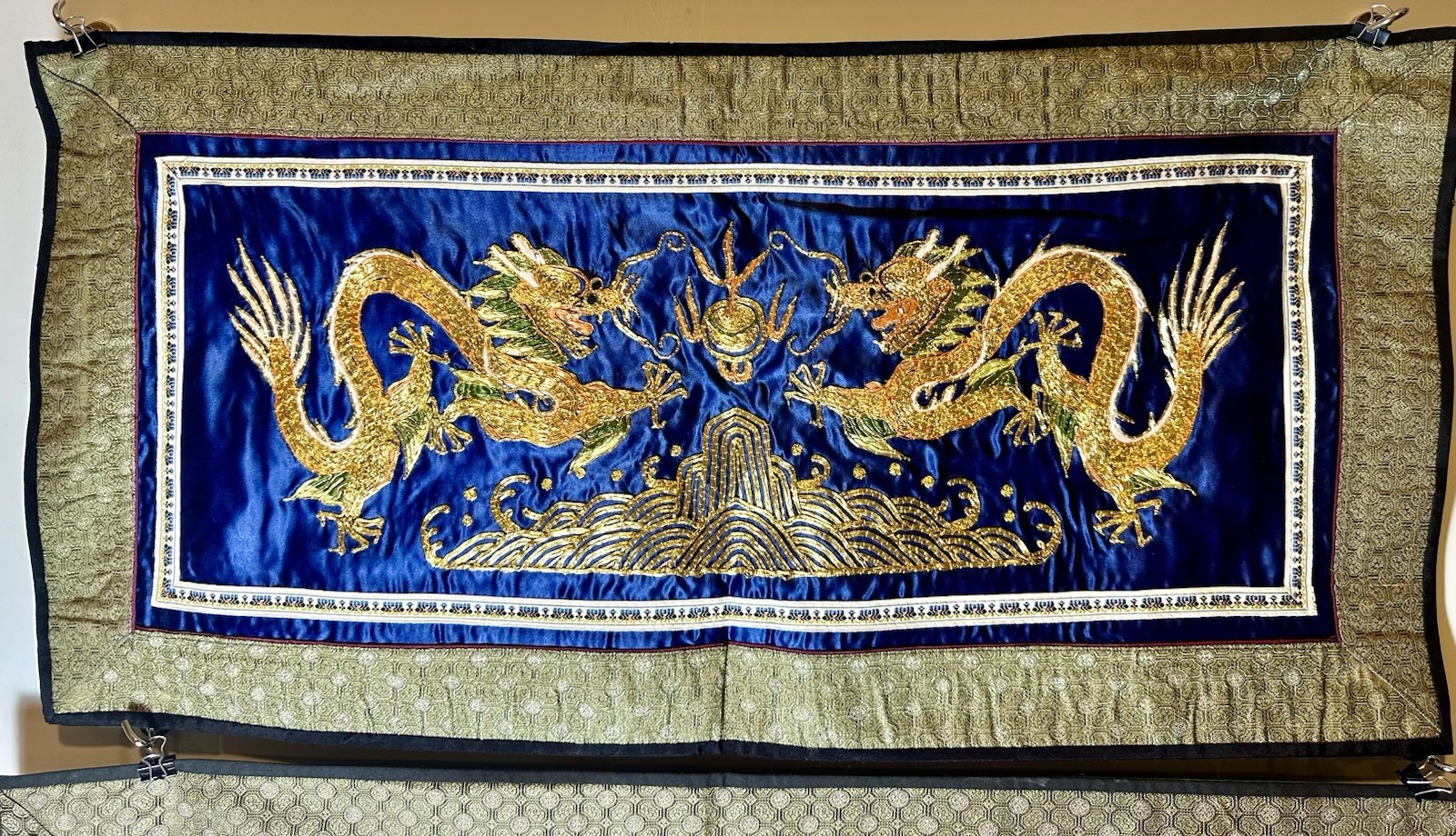 Pair Of Chinese Silk Embroidered Tapestry Wall Hanging Art Panel 13″ x 28″ Each