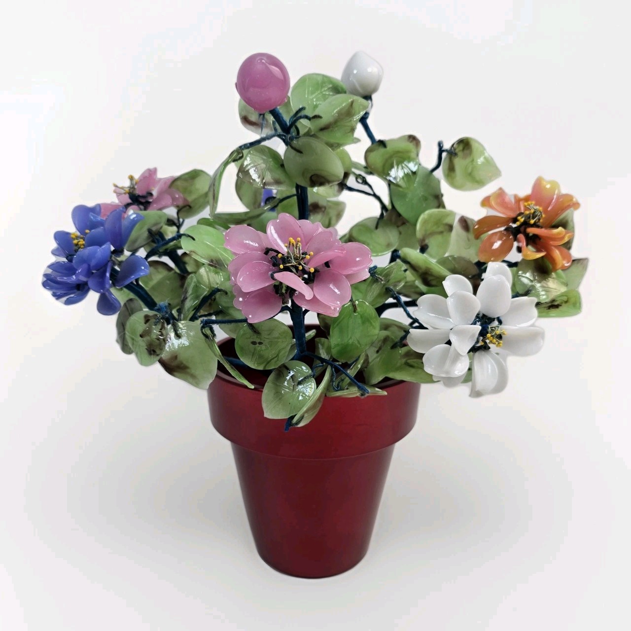 Chinese Jade Glass Bonsai Tree With Flowers and Pot 12 Inch X 11 Inch Approx